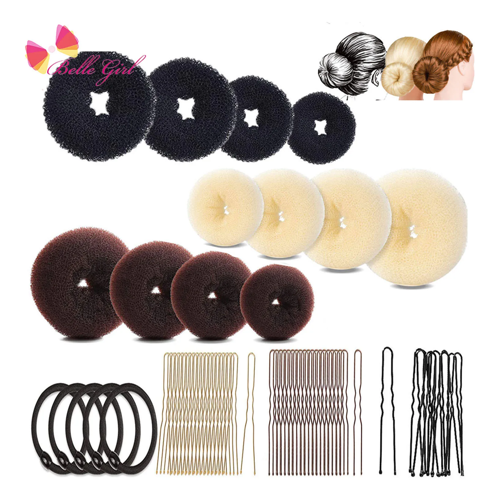 BELLEWORLD factory hot 19pcs hair styling accessories set donut maker elastic band hair bun maker donut and hair pins for women
