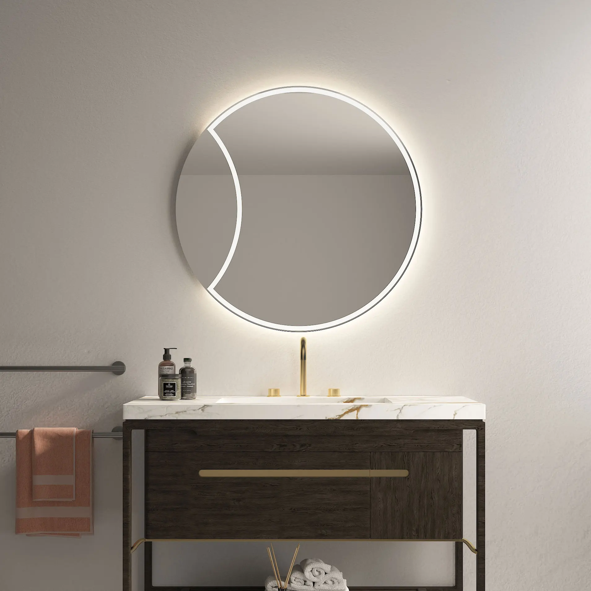 Стильное зеркало в форме Луны, настенный круглый ремень, декоративное светодиодное зеркало с подсветкой, сенсорный экран для ванной комнаты