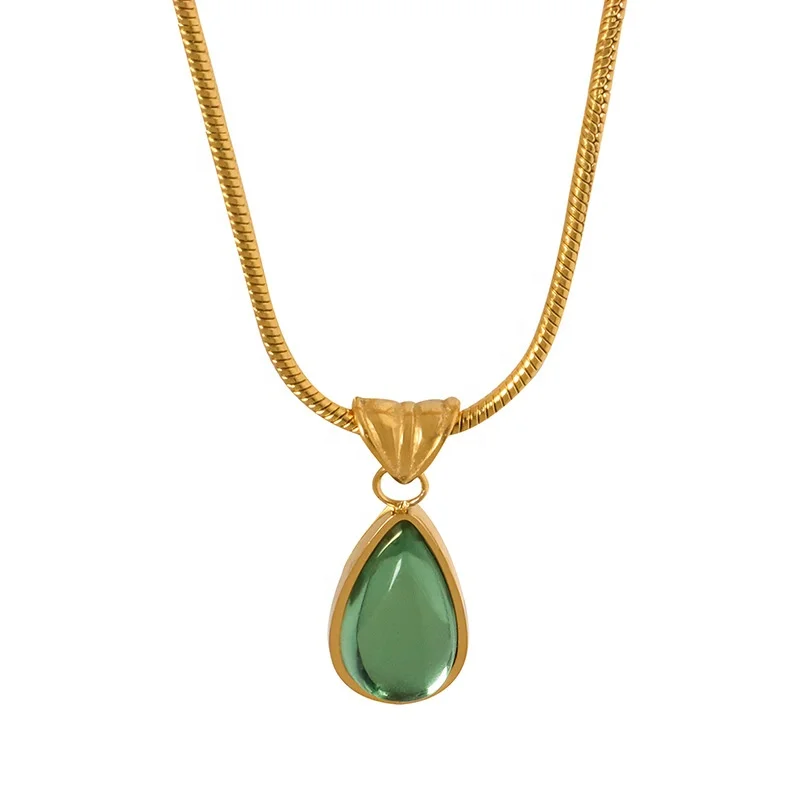 Fashion Fine Jewelry Necklace Stainless Steel Water Drop Green Blue Glass Stone Pendants Chain Waterproof Necklaces For Women