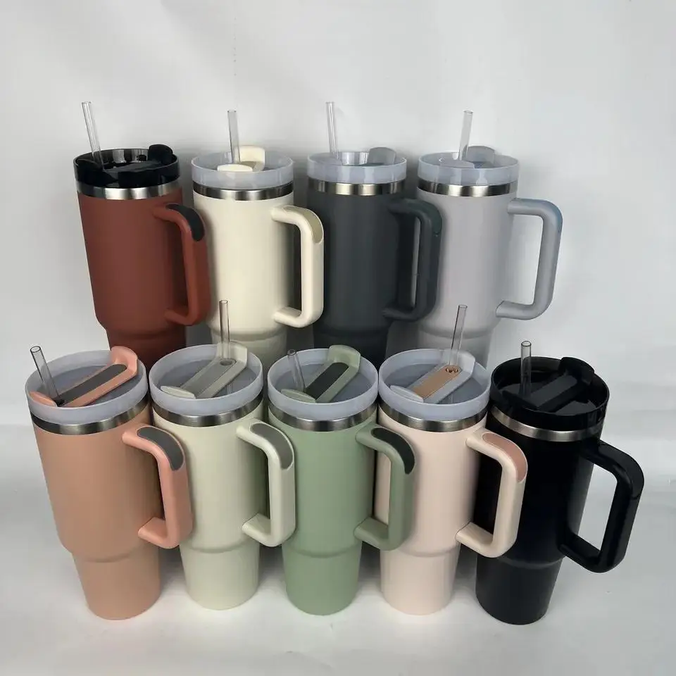 2023 custom vacuum insulated stainless steel 40 oz tumbler cup with handle and straw adventure quencher travel 40oz stanleys