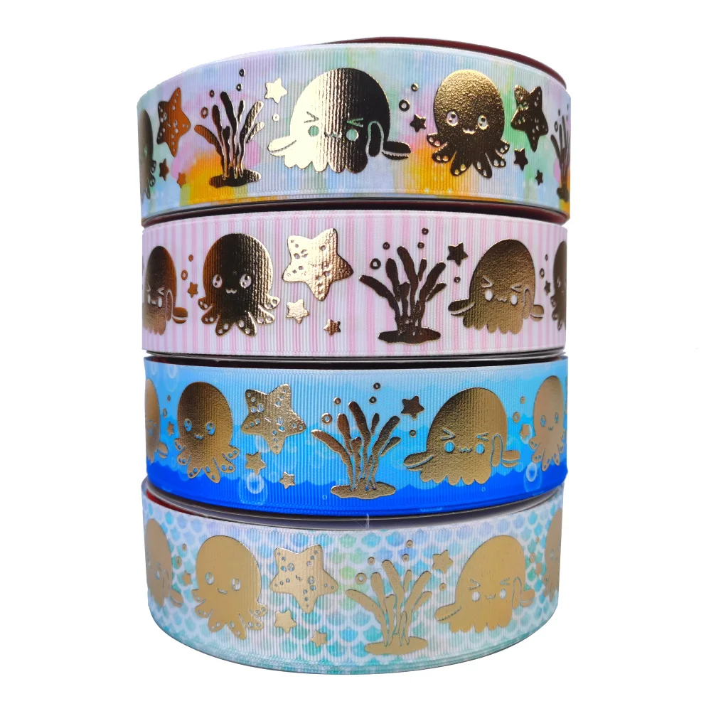 
wholesale 38mm octopusr gold foil hologram grosgrain ribbon for Head bows DIY decoration ribbon 