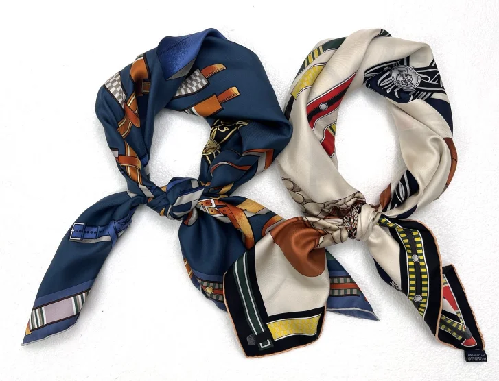 New Custom Design Ladies Silk Square Silk Scarf Luxury Women Belt Printed Silk Hair Scarf With Chain Pattern