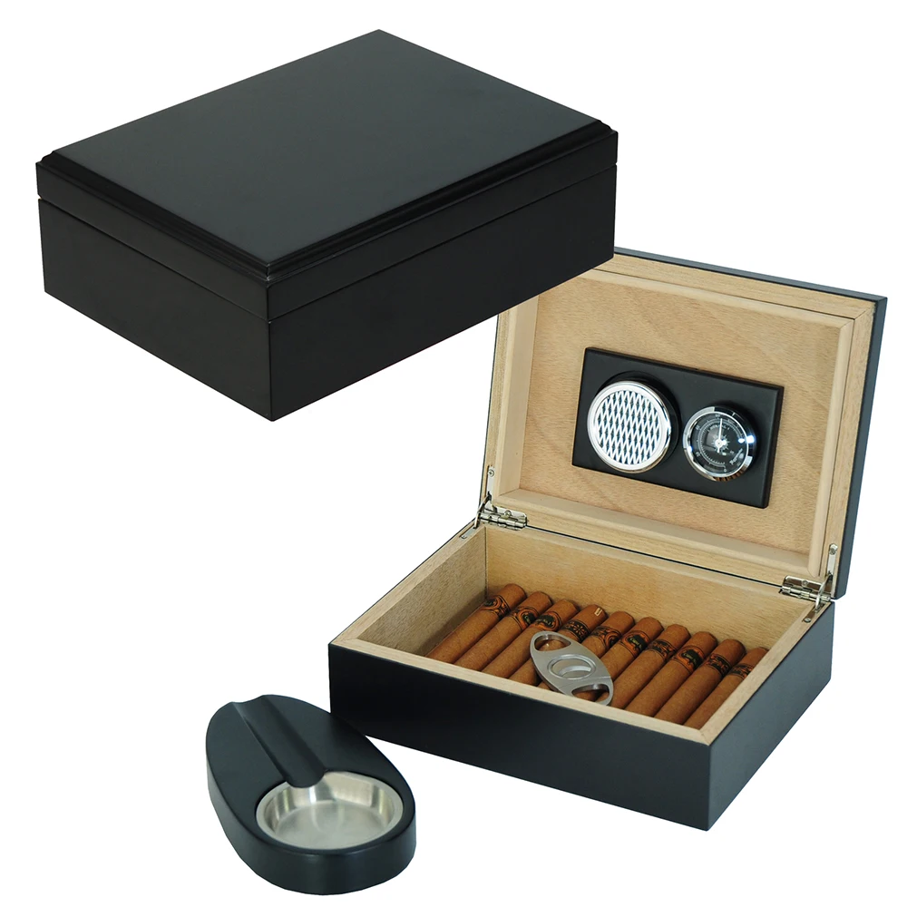 Sonny Wholesale Exquisite 12 To 20 CT Walnut Black Cigar Humidor Set With Cigar Ashtray Humidifier And Cutter