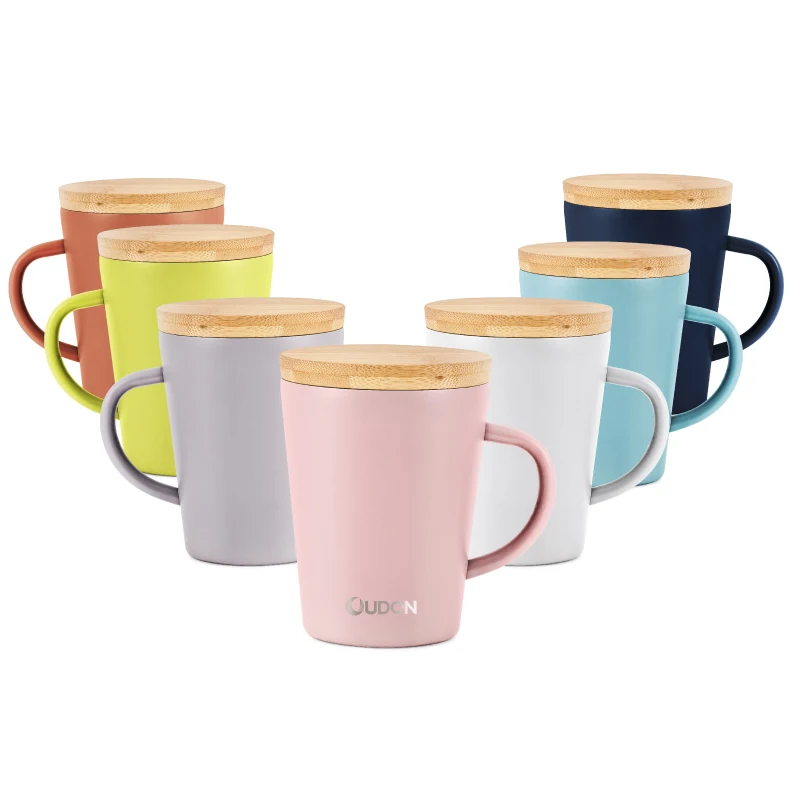 350ml 12oz Stainless Steel Double Wall Coffee Mug Bamboo Lid Insulated Camp Cup