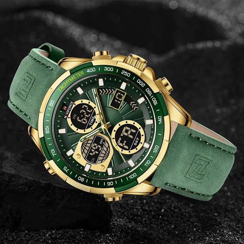 NAVIFORCE 9197 Top Brand Men Watches Sport Green Leather Waterproof Watches for Men  Dual Display Clock Male Relogio