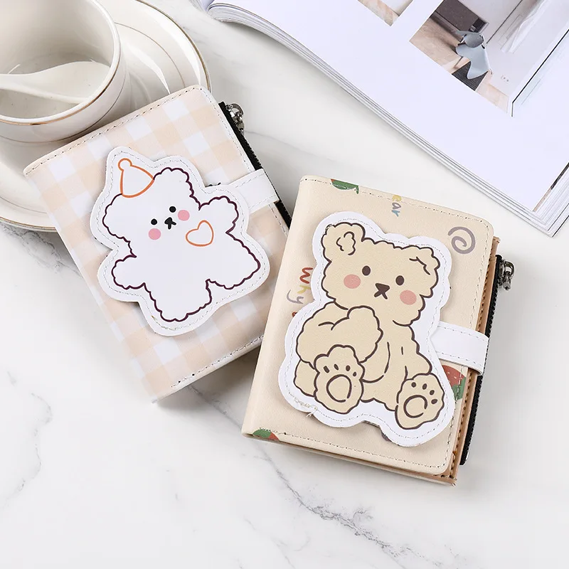 2022 new design women plaid cute bear Pu leather students short wallet with zip girls Coin Purse card wallet
