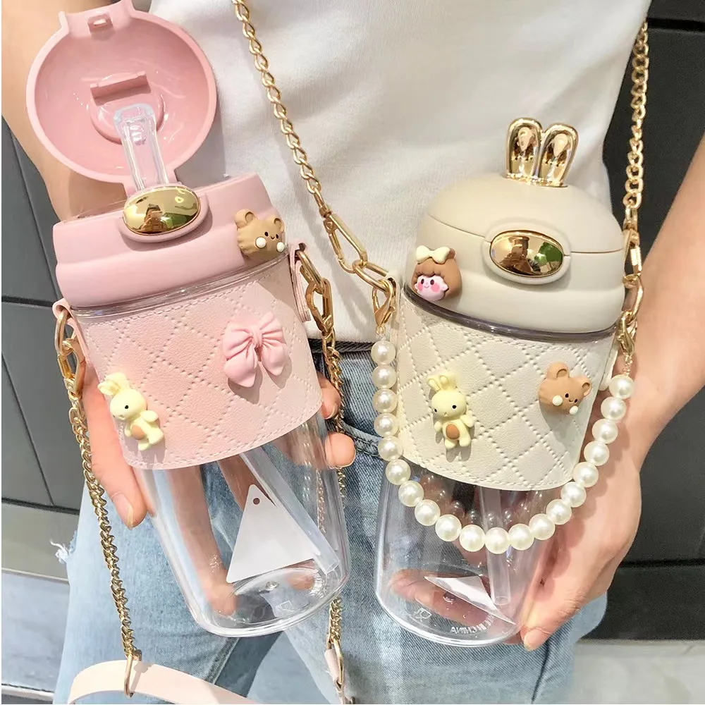 380ml 580ml cute rabbit ear Plastic water bottle Cup ins girl kids portable plastic bottle with straw pearls metal chain strap