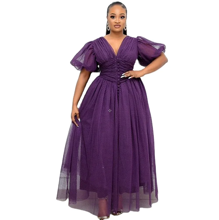 Purple Skirt Ruffles Tulle Birthday Party Dresses Transparent Mesh V Neck Evening Dress For Women