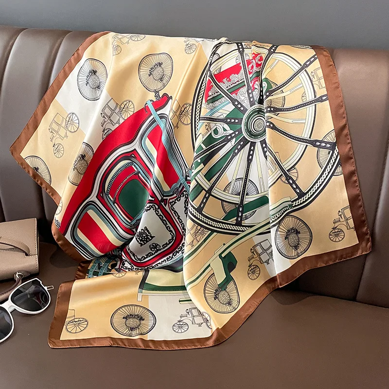 Hot sell new luxury designer carriage pattern silk small square tie scarf women tyre printed 70*70cm silk neckerchief bandanas