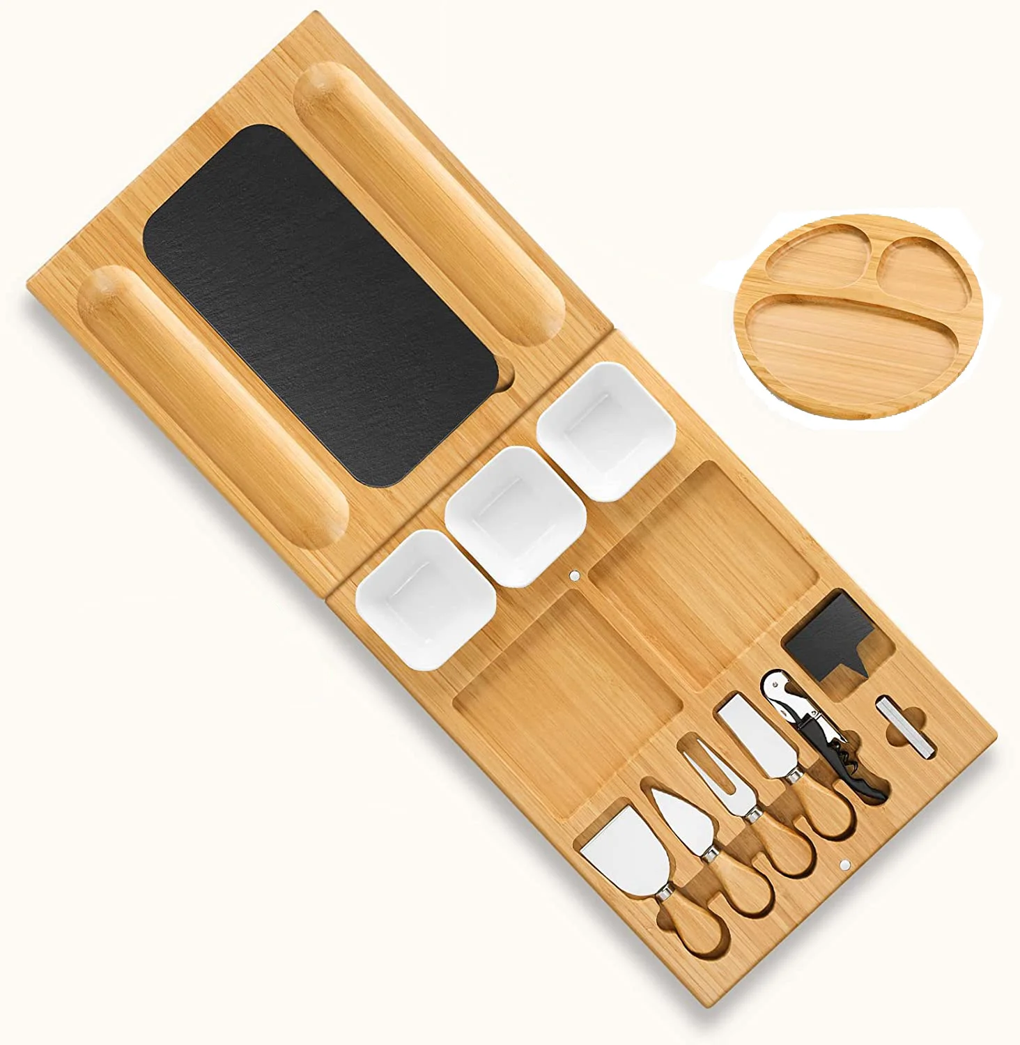 Оптовая продажа Бамбуковая тарелка для сыра поднос с набором ножей деревянная доска домашнего потепления подарки