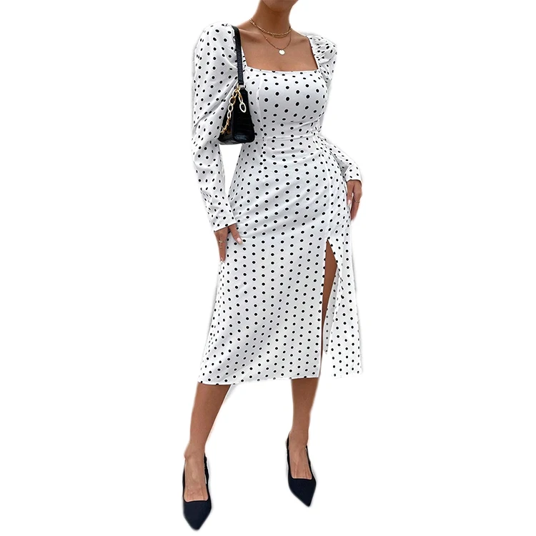 Custom Elegance Women Dot Printing Split Thigh Square Neck  Midi Dress  Long Sleeves Slim Fitted Dresses