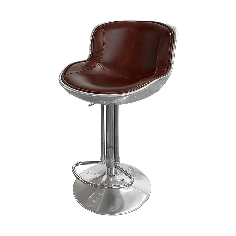 Genuine Leather Aviator Aluminum Barstools Back Leather Swivel Counter Height Chair Adjustable Vintage Bar Stools