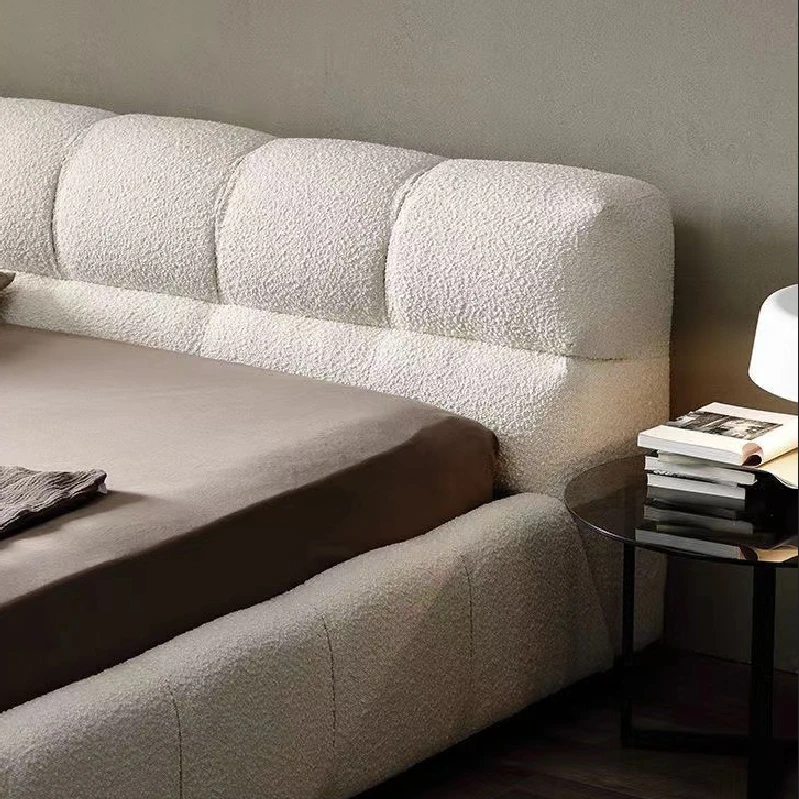 Modern Italian Minimalist Style Lambswool Fabric Designer Master Bedroom Puff Bed  for Sale