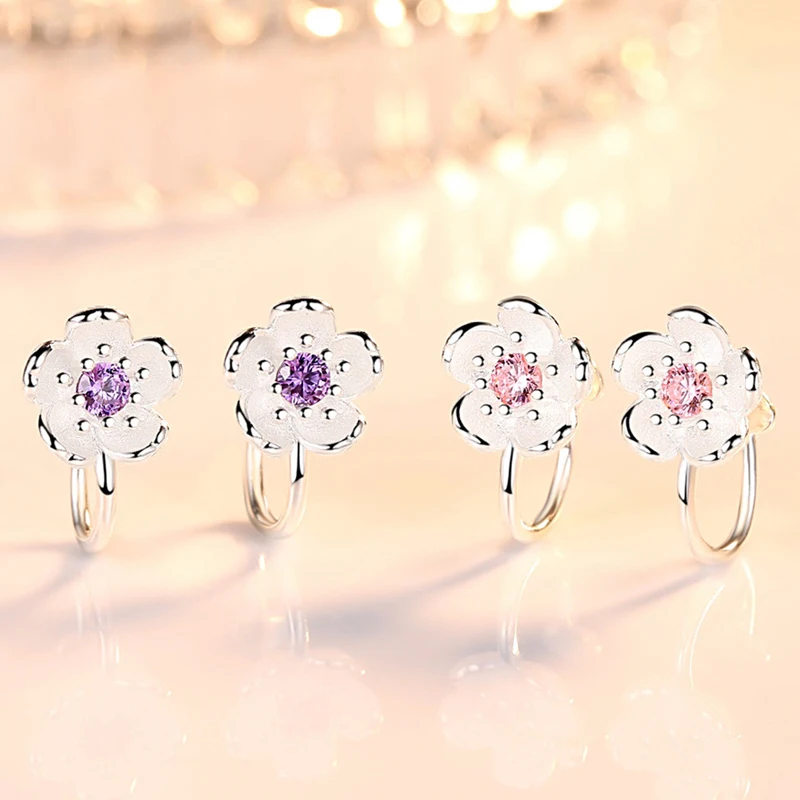 New Elegant Flower Shape Crystal CZ Clip on Earrings Without Piercing Temperament Cherry Blossoms Ear Cuff Cute No Hole Jewelry