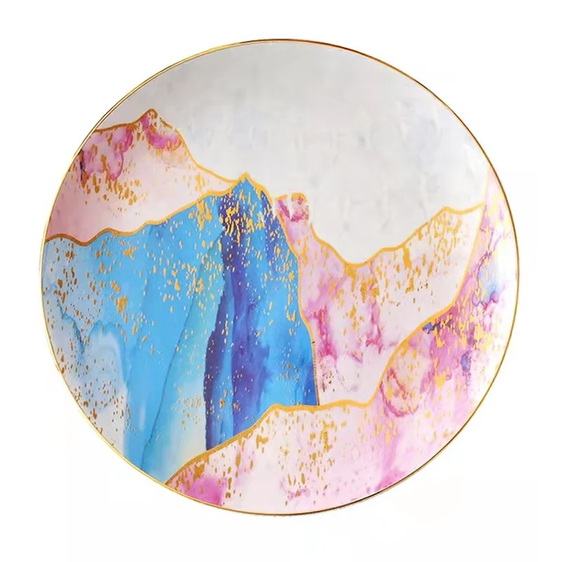 luxury custom printed gold charger plates bone china ceramic plate dinnerware pink gold plate hotel use for wedding