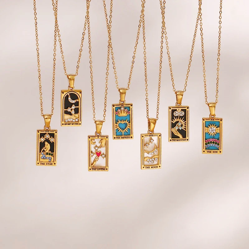 Colorful Square Mystic Divination Tarot Card Necklace Star Moon Sun Design Enamel Micro Zircon Tarot Amulet Pendant Necklaces