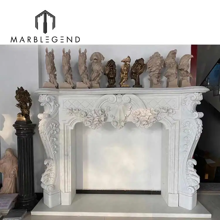 European Style Bianco Carrera Hand Carved White Marble Fireplace Mantel