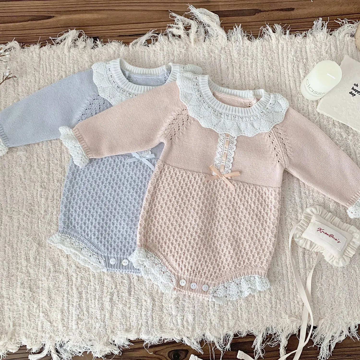 Wholesale long sleeve Fall knit romper spanish royal style  lotus leaf collar cotton baby girls sweater romper onesie