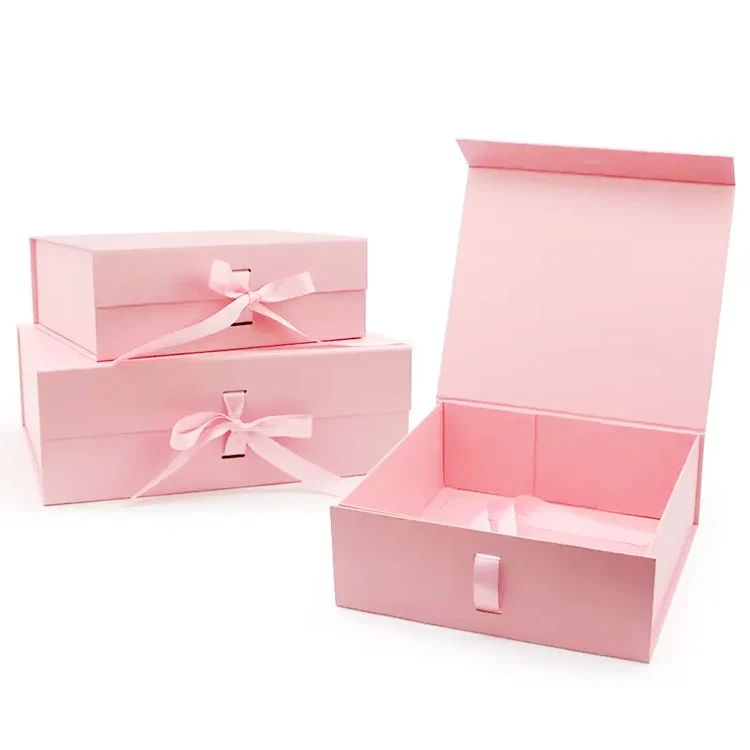 Wholesale Folding Magnetic Pink Packaging Box With Ribbon Custom Logo Gift Paper Box For Cosmetic Skin Care packing