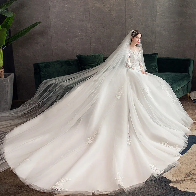 New Bride Master Wedding Dress Maid Lace Luxury Long Sleeves Dream Plus Tail Bridal New Lace Luxurious Fantasy Large Size