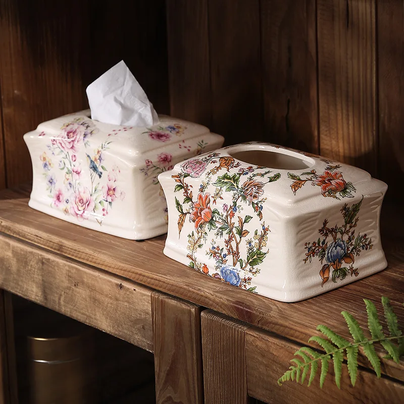 2024 Home Decor Fashion Ceramic Crafts Creative American Style Rustic Country Style White Floral Porcelain Tissue Box Holder