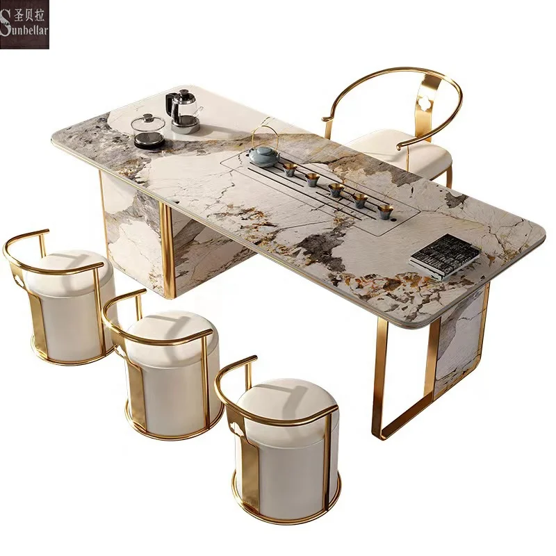 Factory supply luxury modern coffee table marble top gold stainless steel living room Chinese tea table with kung fu tea pot