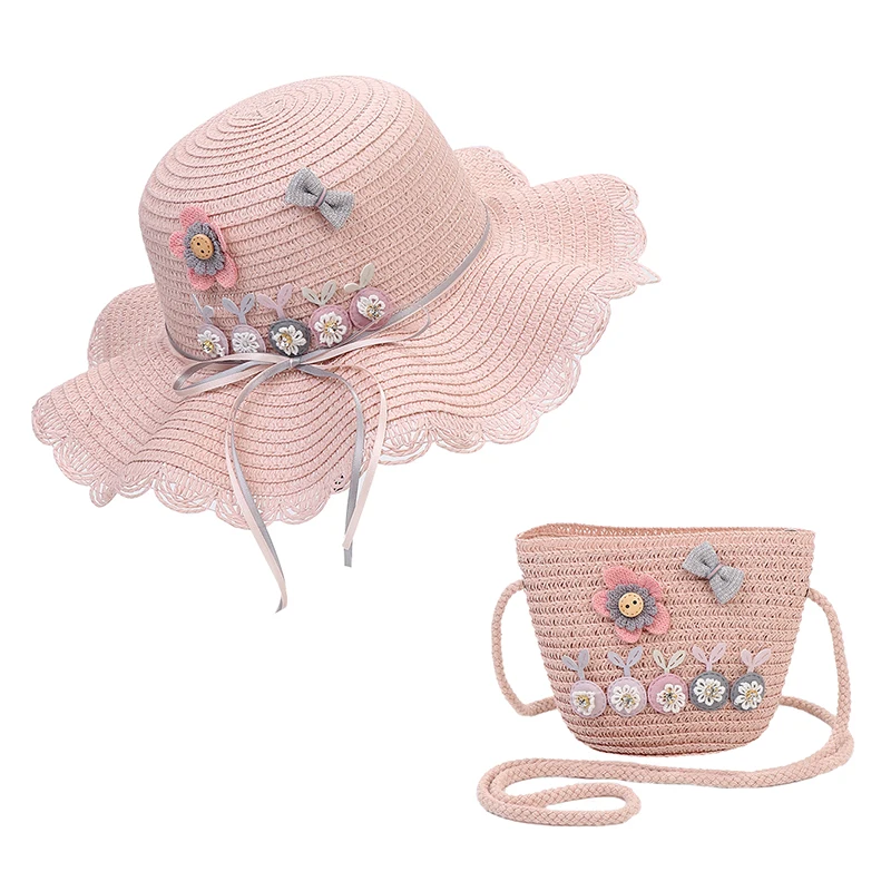 Wholesale Fashion Straw Hat Five Flowers Wave Eaves Summer Outdoor Travel Children Bucket Hat Backpack Two Piece Set (1600347862637)
