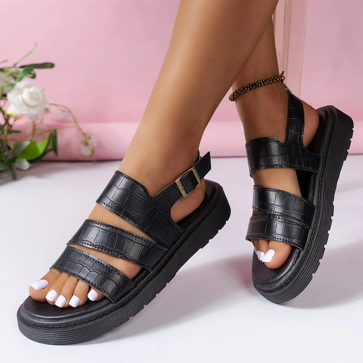 BUSY GIRL LJ4283 black brown stone print leather sandals woman shoes 2024 summer fashion platform footwear flat sandals