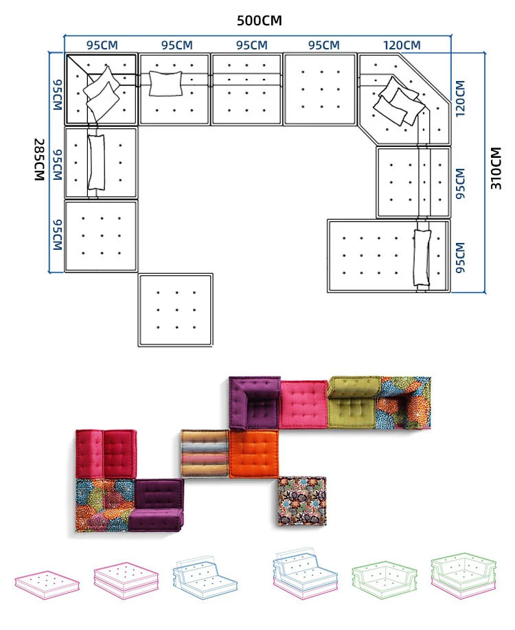 Unique Style Modern fashion French style Furniture Color 7 Seater Modular Mah Jong Sofa