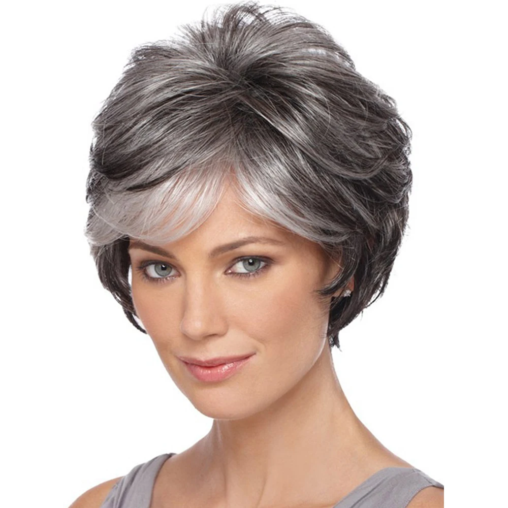 Aishili short synthetic hair wig with kinky straight grey mixed color bob hair synthetic wigs for women