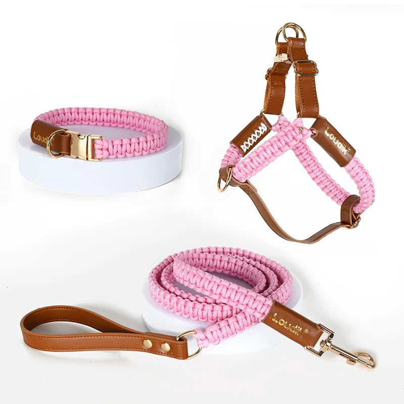 Nylon Dog Harness and Leash Set Adjustable Wholesale Stocked Manufacturer Recycled Vegan Leather Braided Pet Rope Leads Walking