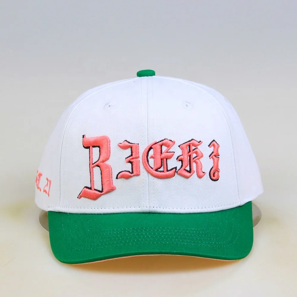 6 Panel 3D Embroidery Beige Baseball Cap Black Curved Brim Snap Back Hats With Custom Logo