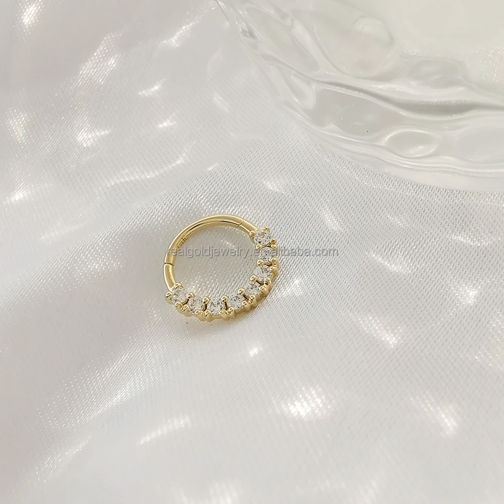 14K Solid Yellow Gold Nose Ring Popular Body Jewelry Zircon Seamless Nose Ring Piercing Cartilage Earrings Wedding Engagement