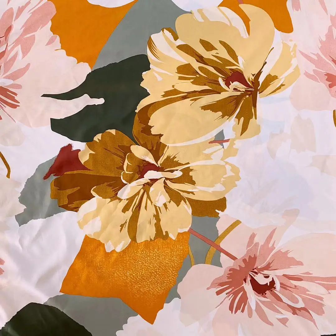 Stock Woven Plain Spun Rayon Leaf Motif Viscous 100% Viscose Floral Printed Rayon Challis Fabric