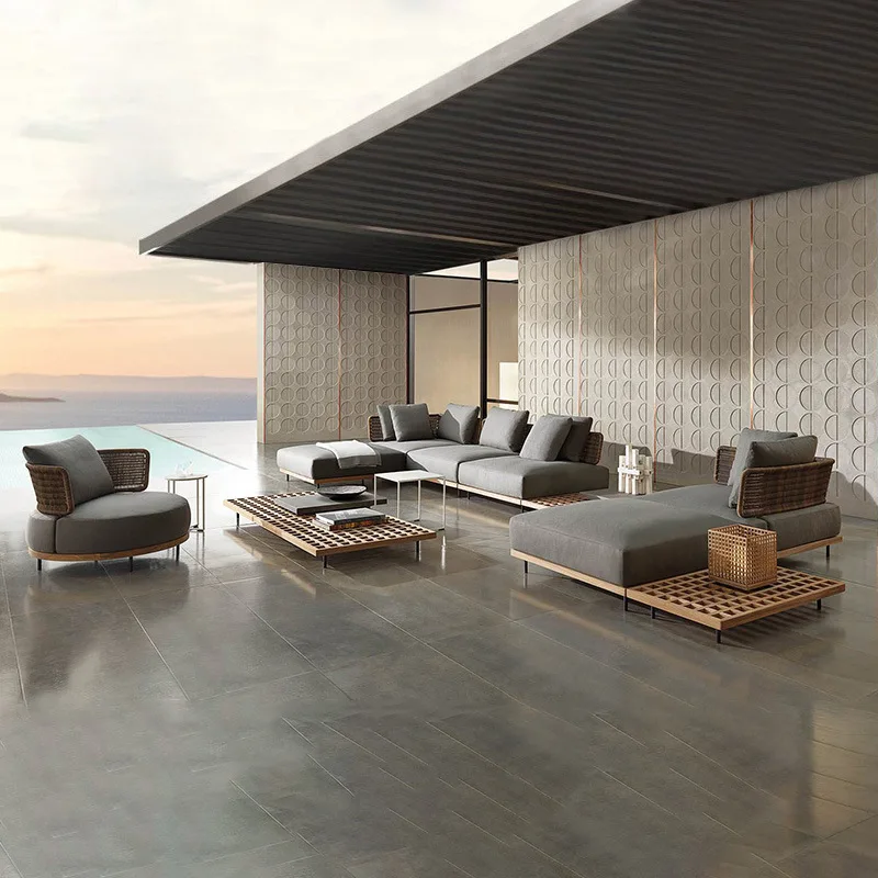 Factory direct sales aluminum outdoor patio furniture teak wood garden lounge rattan sofa set