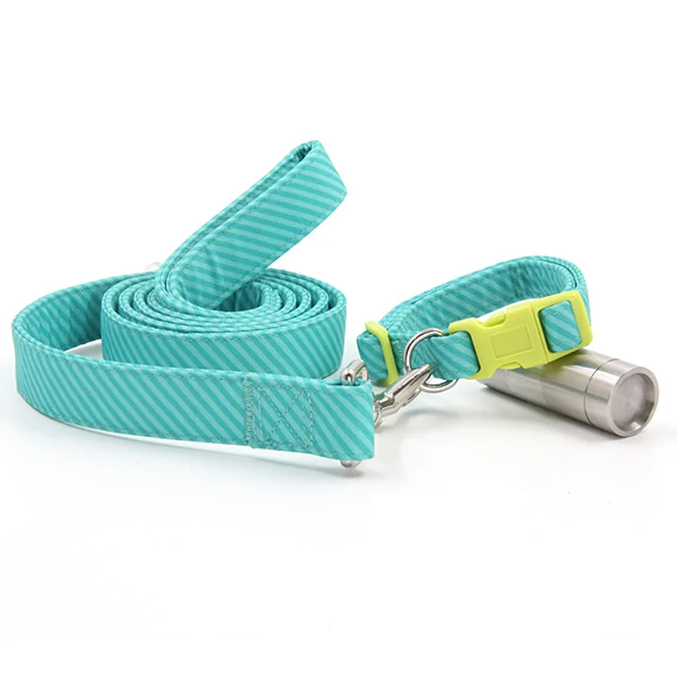 
2021 Fashion training pets dog collar leash Teal Fabric Covered Stripe Dog Collar and Leash Set 