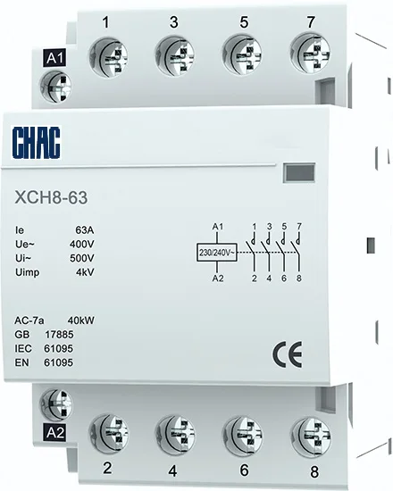 CHAC brand Modular Contactor XCH8 2 poles 4 poles 16A 25A 40A 230V/400V DIN rail mount