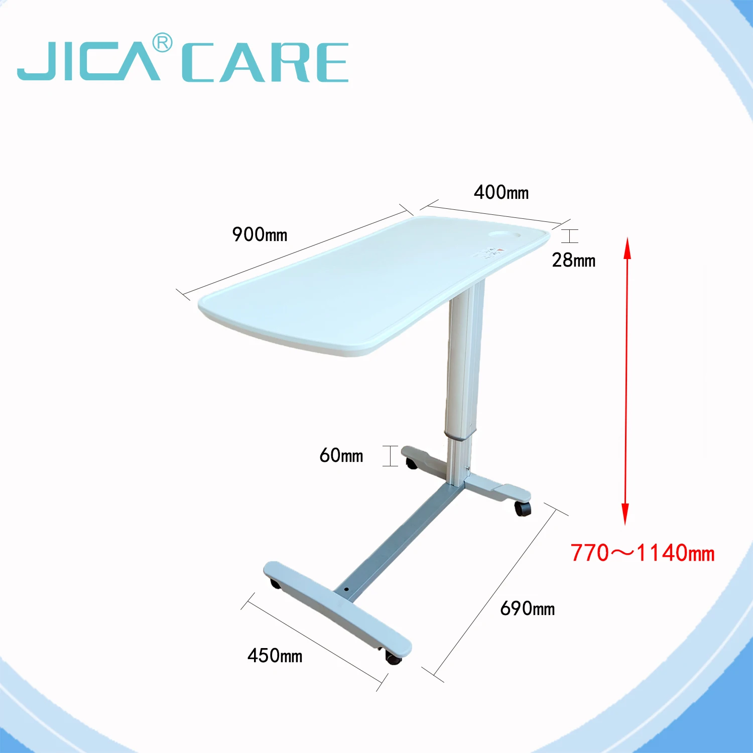 Height adjustable movable plastic dining table board for hospital bed