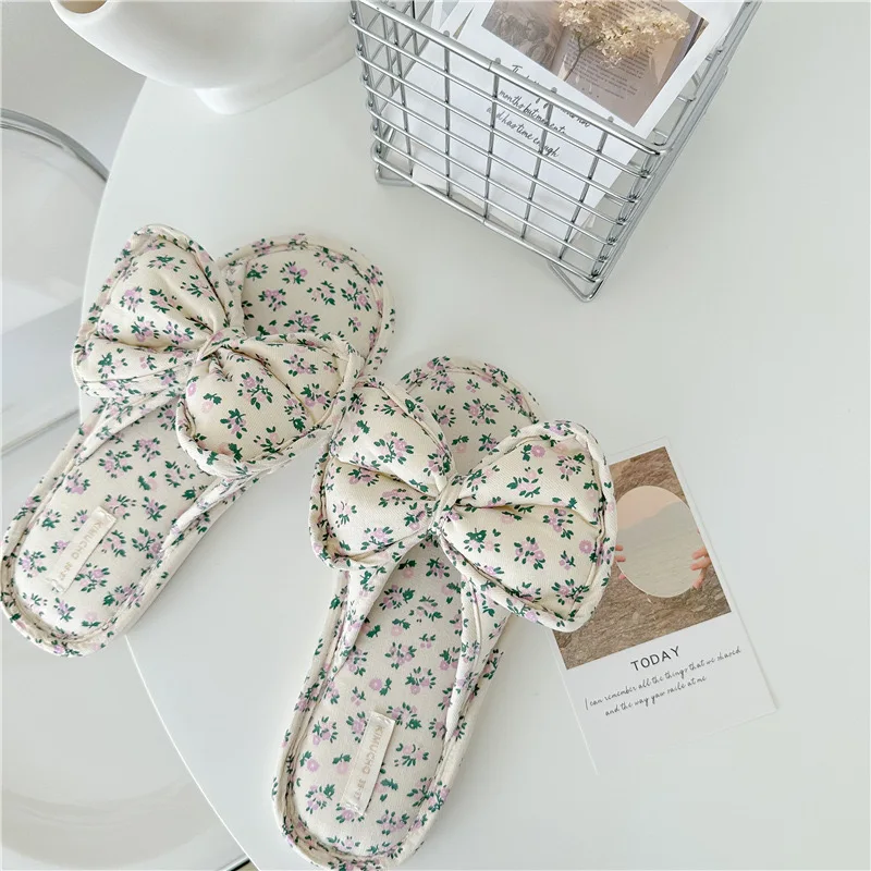 LM390X Floral bow home slippers Printed home cotton slippers Waterproof thick soled indoor shoe slippers