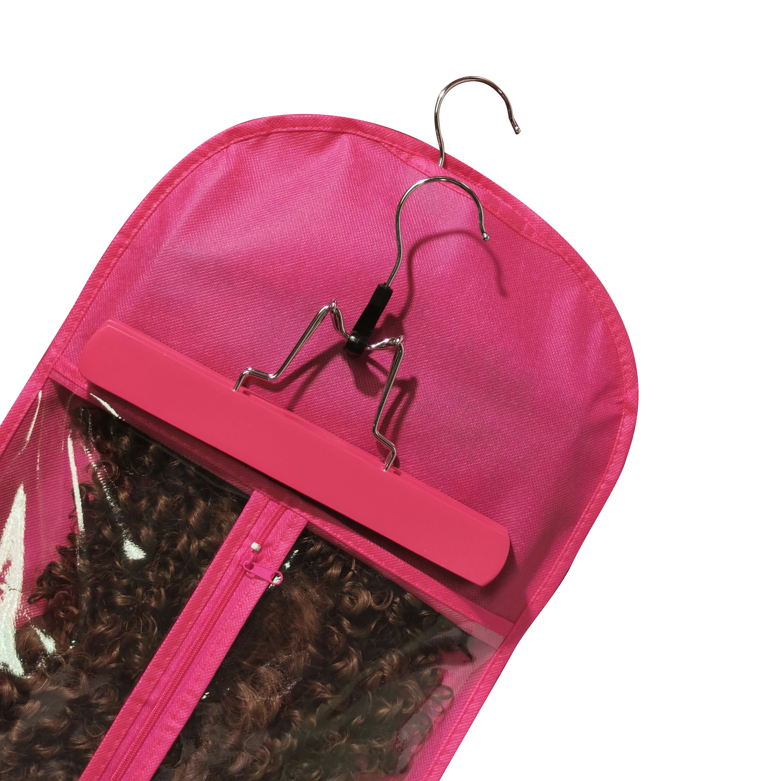 Woven Clear Plastic Customized Hair Extension Storage Bag Wig Packaging Bags  Wooden Hanger Hair Extension Storage Ba