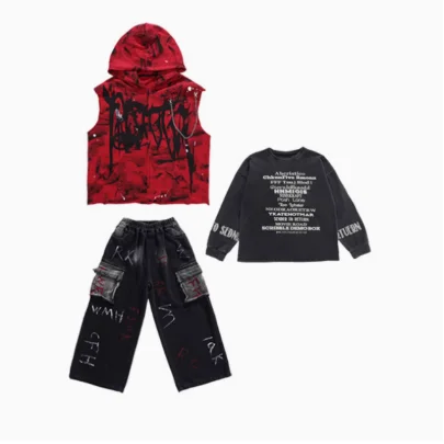 Customizable Hip-Hop Street Dance Outfit Trendy Performance Set with Hoodie, Denim Jeans, and Red Hooded Denim Vest for Kids