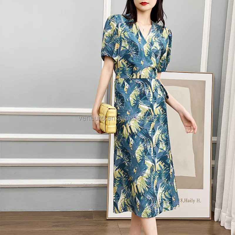 Women mulberry silk printed dress summer skirt short sleeves office ladydress