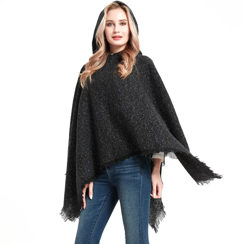 High Quality Trending Hot Products Hooded Cape Imitated Cashmere Pashmina Scarf Solid Color Hooded Cloak Poncho