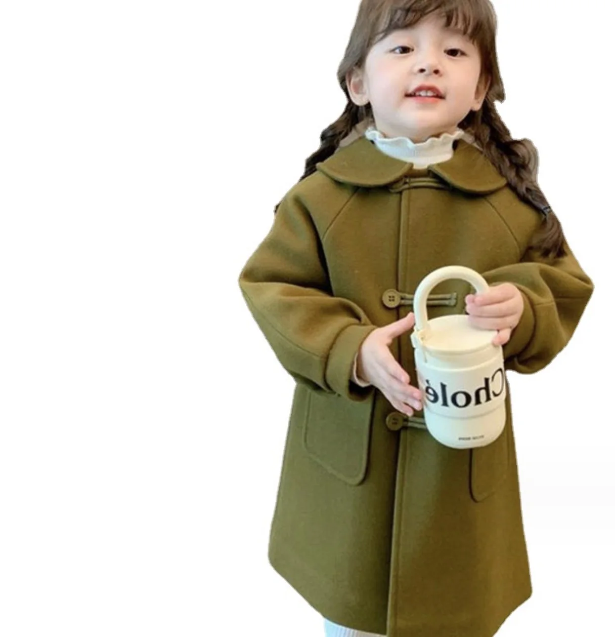 Girls Cute Green Girls Coat Winter Cotton Double breasted 2-pocket Children Clothes Outerwear
