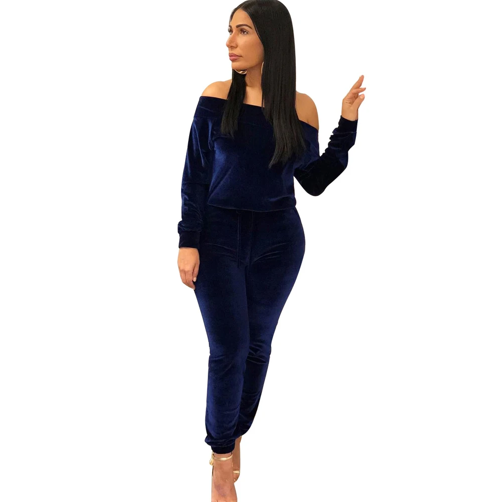 
YHH5055 off the shoulder hoodies and long trousers ladies two piece set women western velvet pant suit 
