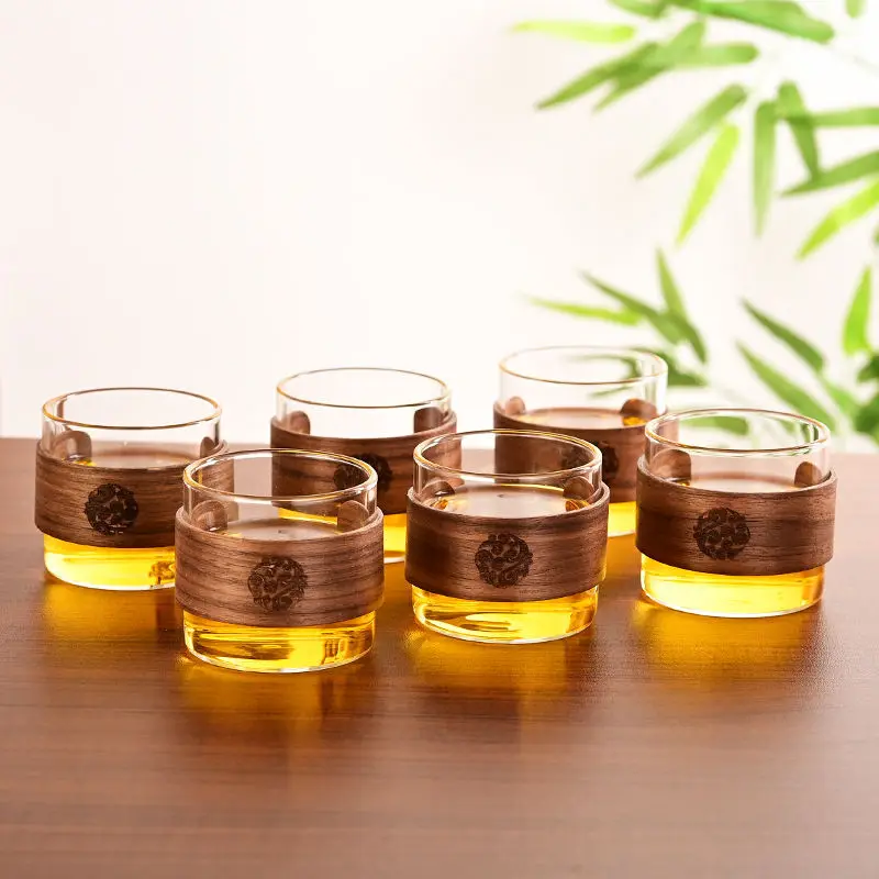 High borosilicate glass Japanese vertical grain glass tea cup walnut ring insulated coffee cup tea cup