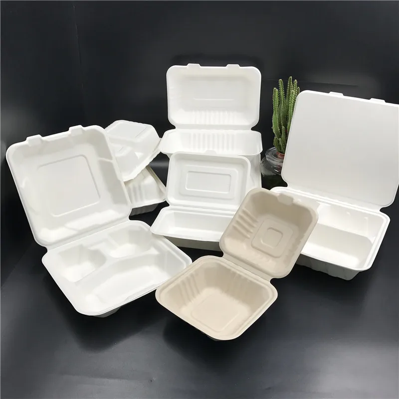 New trending 8 inch biodegradable disposable clamshell take away food container sugarcane bagasse to go lunch box for BBQ