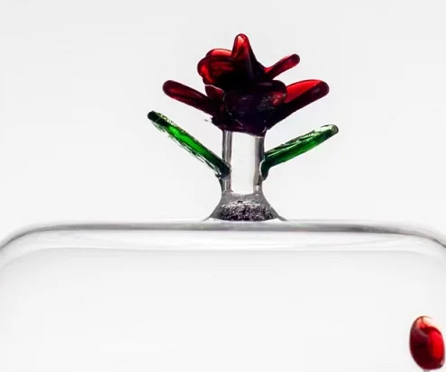 Custom Made Clear Hand Blown Heat-resistant Borosilicate Glass Dessert High-foot Stand with Colored Rose Top