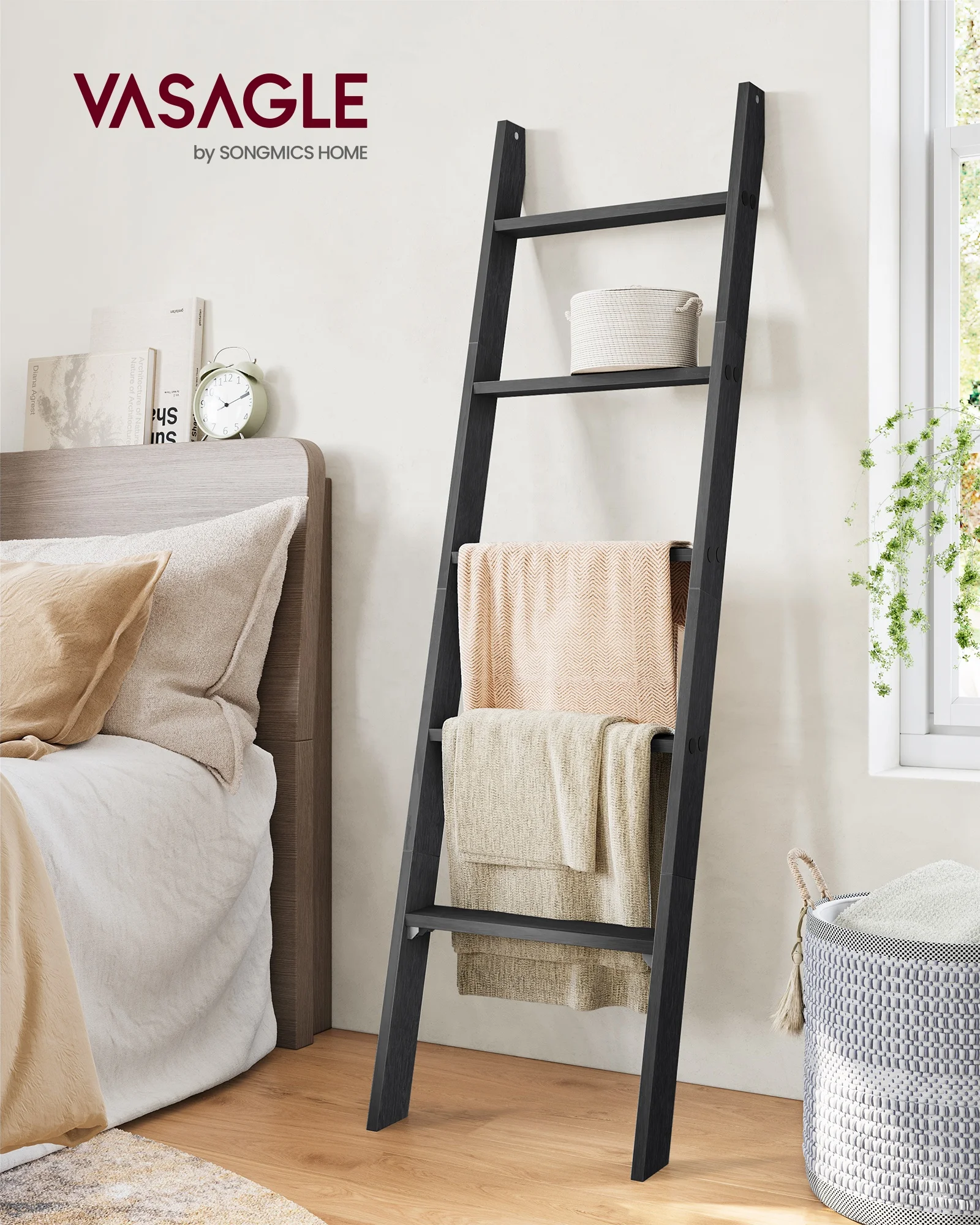 VASAGLE Farmhouse Ladder Rack for Storage and Decor 5-Tier Ladder Shelf wood Blanket Ladder
