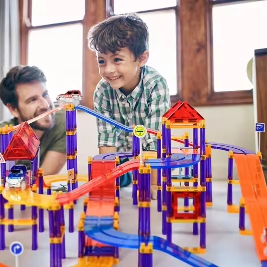121pcs Race Car Track Building Block Set Magnetic Tiles Magnet Light Up Car STEM Learning Construction Kit